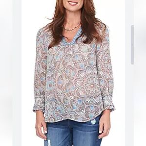 Democracy Boho Embroidered Neckline Semisheer Ruffle 3/4 Sleeve Blouse
